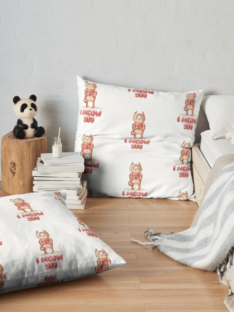 Alternate view of Hand drawn cute cat with heart - watercolor Valentine's Day illustration Floor Pillow