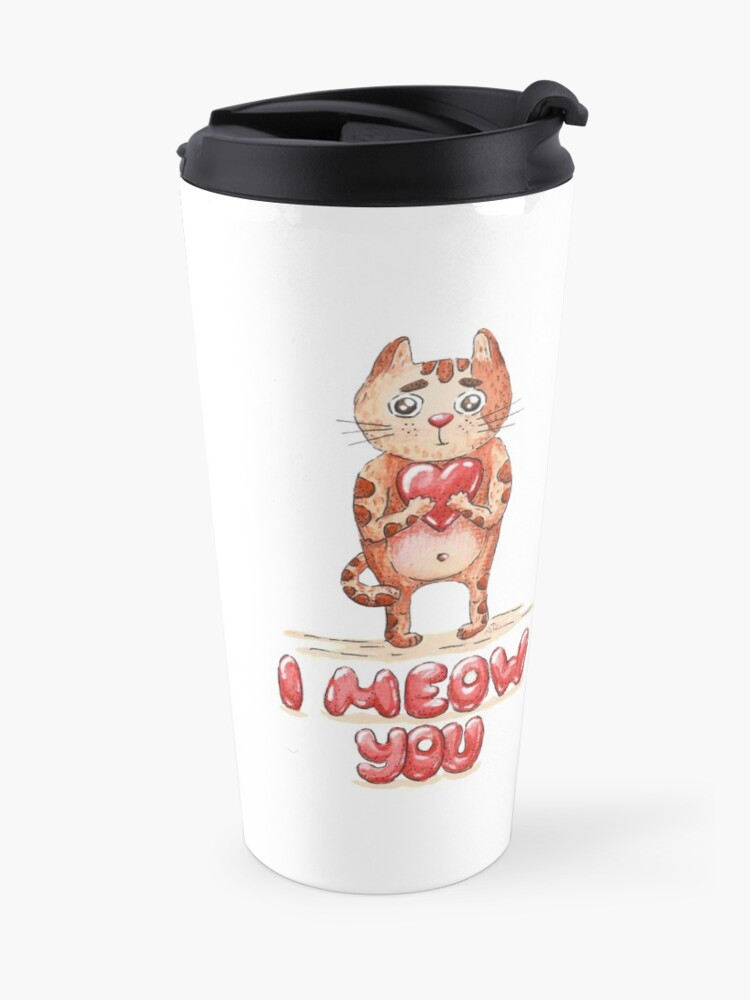 Alternate view of Hand drawn cute cat with heart - watercolor Valentine's Day illustration Travel Mug