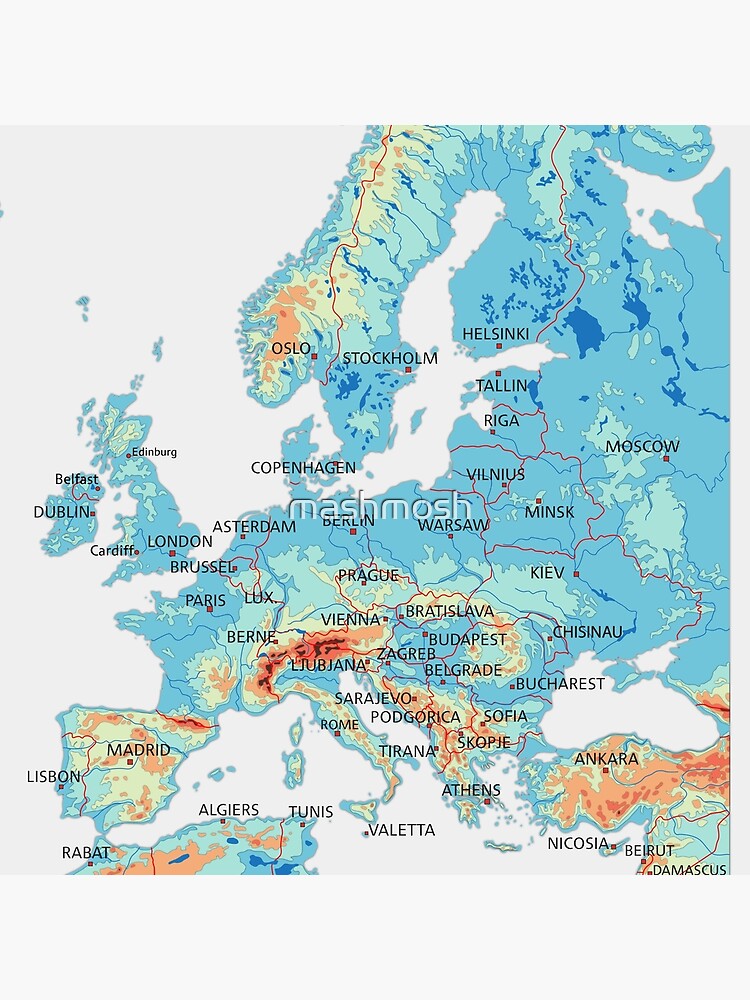 Europa Physische Karte Topografische Karte Von Europa Mit Landesgrenzen Hauptstadten Und Grossen Seen Und Flussen Blau Stofftasche Von Mashmosh Redbubble