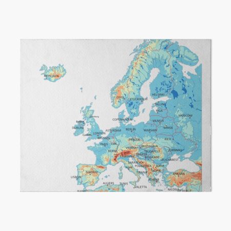 detailed physical map of europe topographic map of europe with country borders capitals and major lakes and rivers art board print for sale by mashmosh redbubble