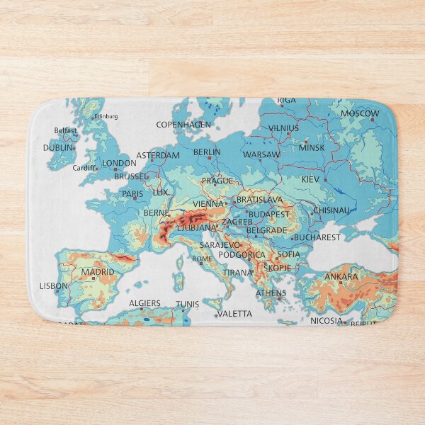 Item preview, EUROPE physical map topographic map of EUROPE with Country Borders, Capitals and Major Lakes and Rivers blue designed and sold by mashmosh.