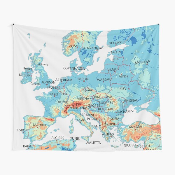 "EUROPE physical map topographic map of EUROPE with Country Borders, Capitals and Major Lakes 