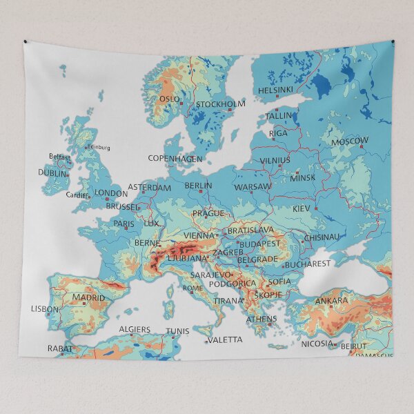 Item preview, EUROPE physical map topographic map of EUROPE with Country Borders, Capitals and Major Lakes and Rivers blue designed and sold by mashmosh.