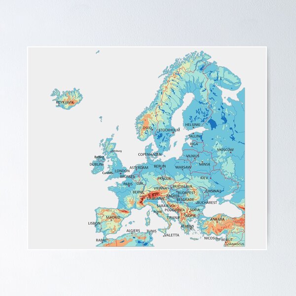 Aperçu de l'œuvre Carte physique de l'EUROPE carte topographique de l'EUROPE avec les frontières des pays, les capitales et les principaux lacs et rivières bleu créée et vendue par mashmosh.