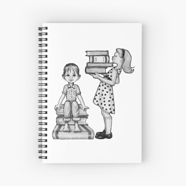 Cute Little Girl Standing on Stack of Books Pencil Drawing Spiral Notebook  for Sale by Joyce Geleynse