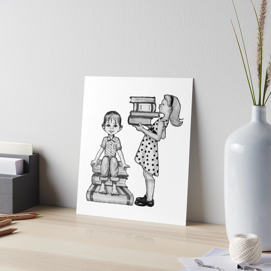 Cute Little Girl Standing on Stack of Books Pencil Drawing Art Board Print  for Sale by Joyce Geleynse