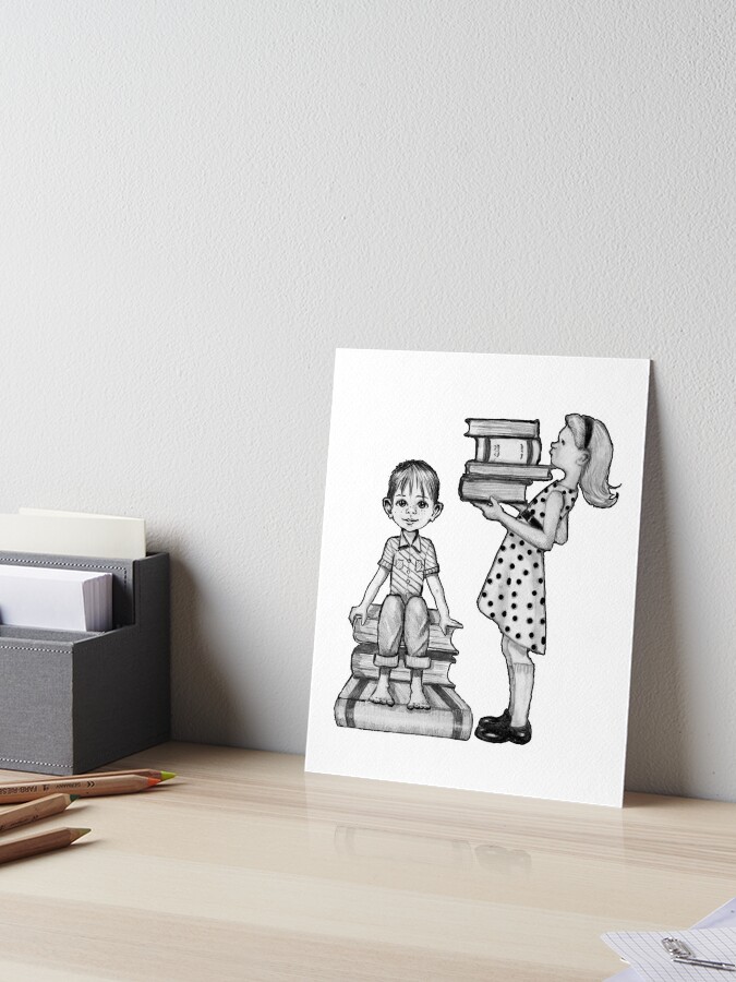 Cute Little Girl Standing on Stack of Books Pencil Drawing Spiral Notebook  for Sale by Joyce Geleynse