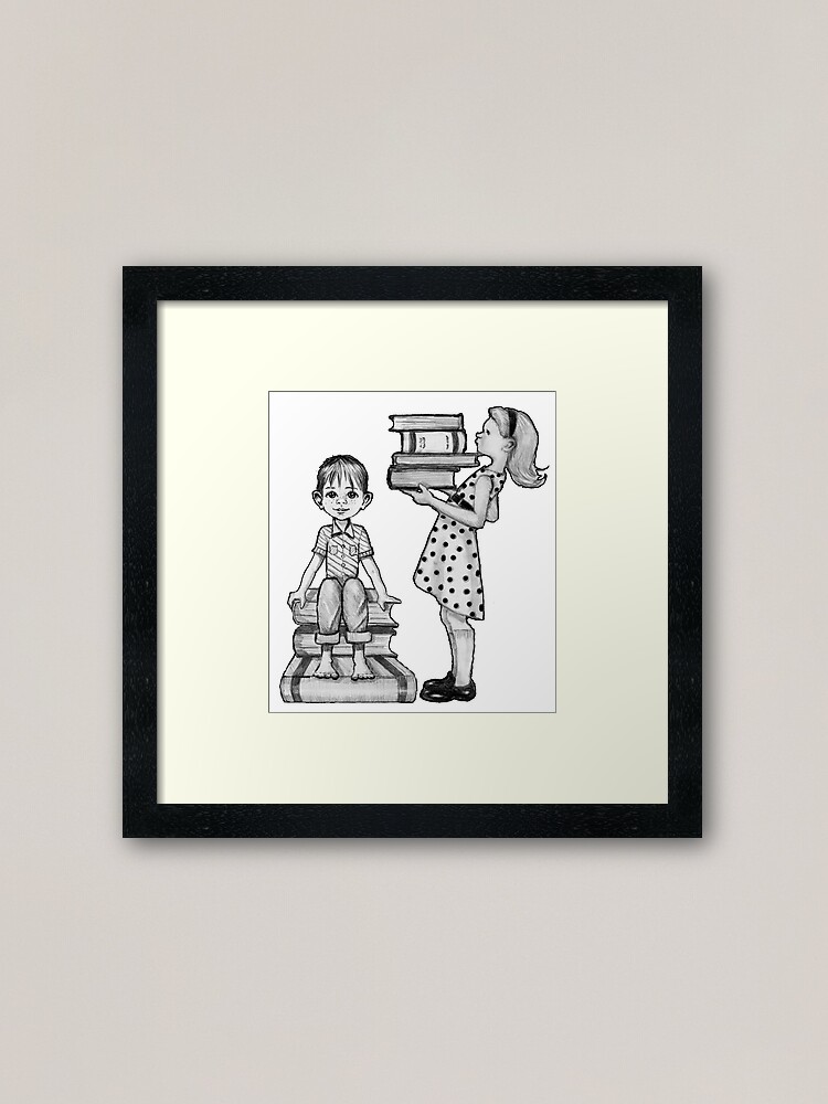 Cute Little Girl Standing on Stack of Books Pencil Drawing Art Board Print  for Sale by Joyce Geleynse