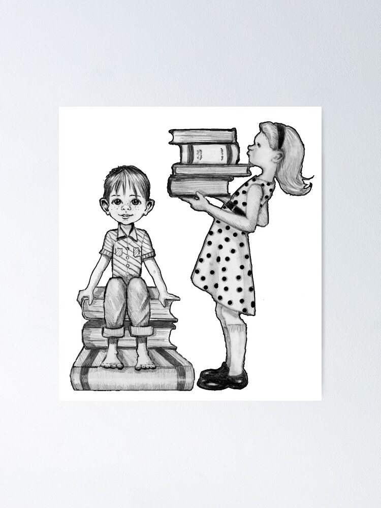 Books And Kids Girl And Boy With Big Books Pencil Art Encourage Reading Poster By Joyce Redbubble