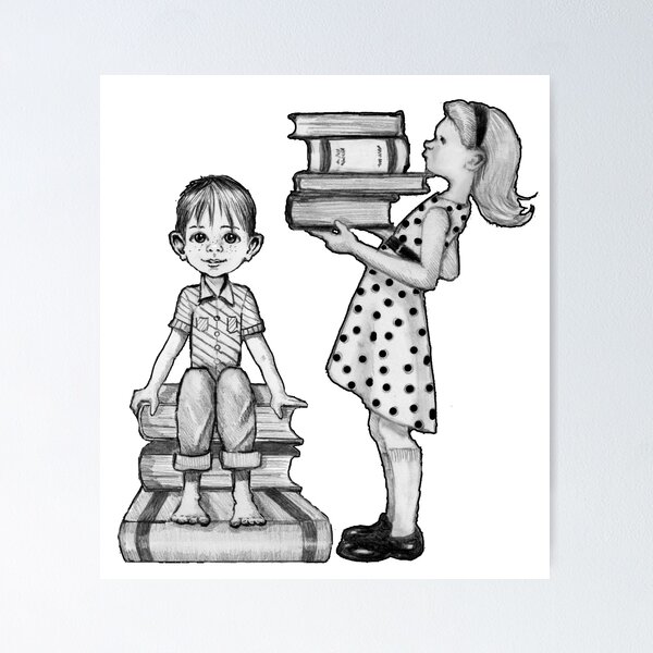 Cute Little Girl Standing on Stack of Books Pencil Drawing | Art Print