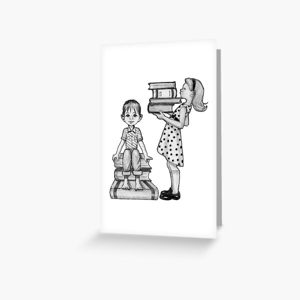 Cute Little Girl Standing on Stack of Books Pencil Drawing | Art Print