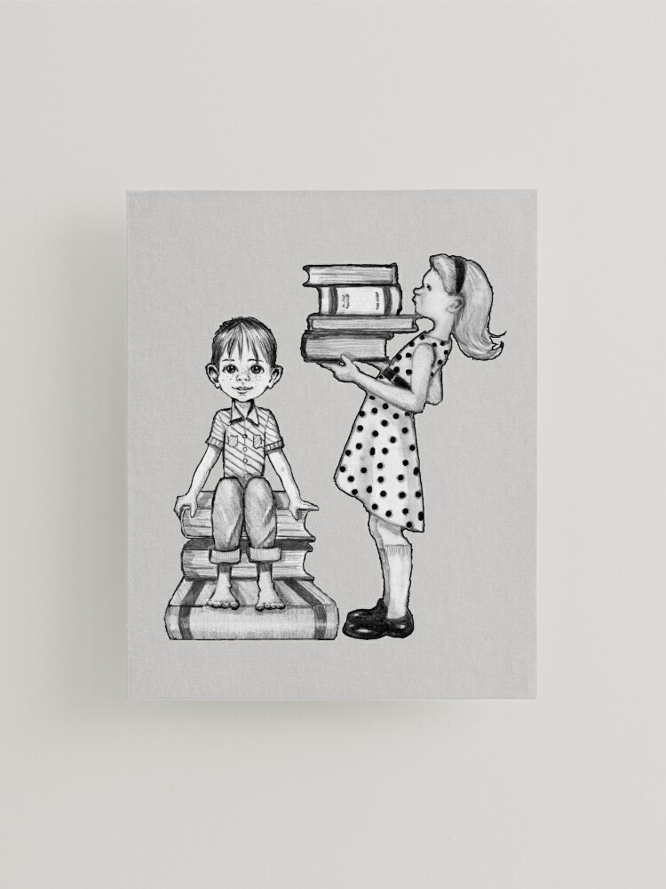 Cute Little Girl Standing on Stack of Books Pencil Drawing Art Board Print  for Sale by Joyce Geleynse