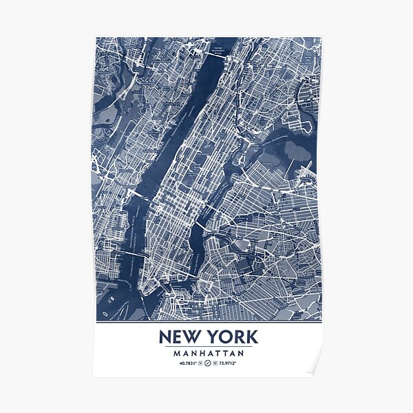 Classic Blue Manhattan Map, New York City Poster