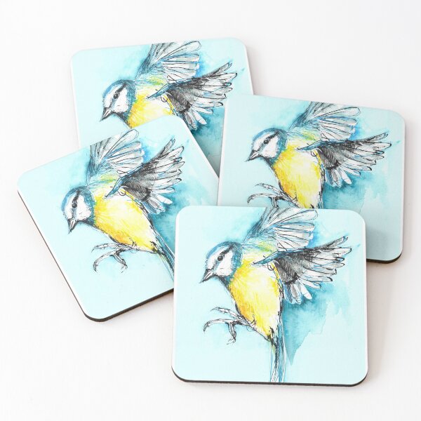 Item preview, Blue tit in flight, Ink illustration designed and sold by Rachel Collier-Wilson.