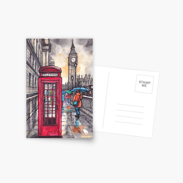 London, UK, ink & watercolor illustration Postcard