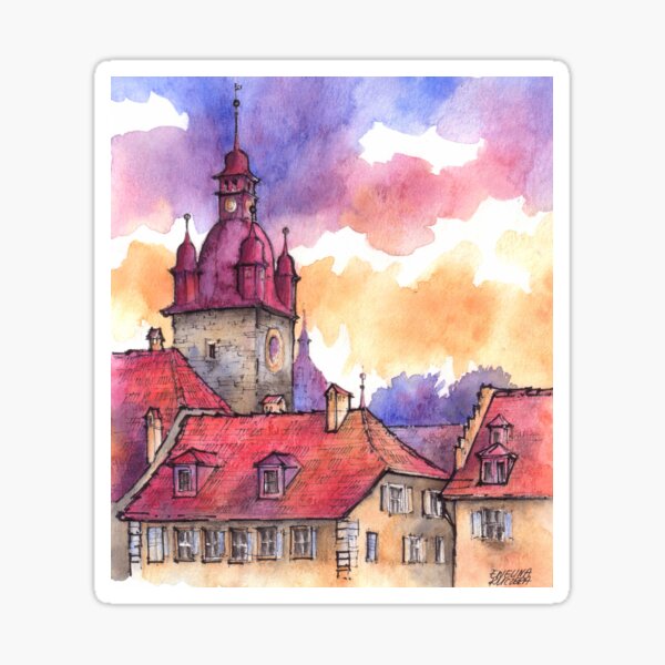 Artikel-Vorschau von Luzern, Schweiz Tinte & Aquarell Illustration, designt und verkauft von Art-By-Ewelina.