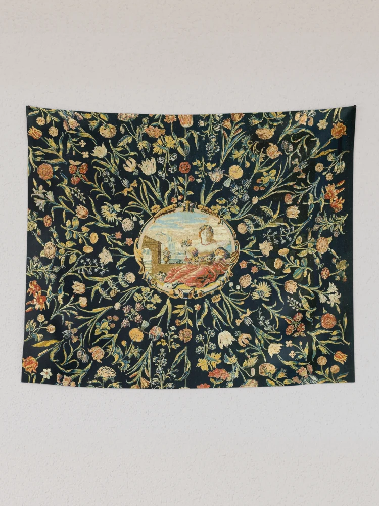 Floral Tapestry, Flemish Art Decor, Black Background, Dutch