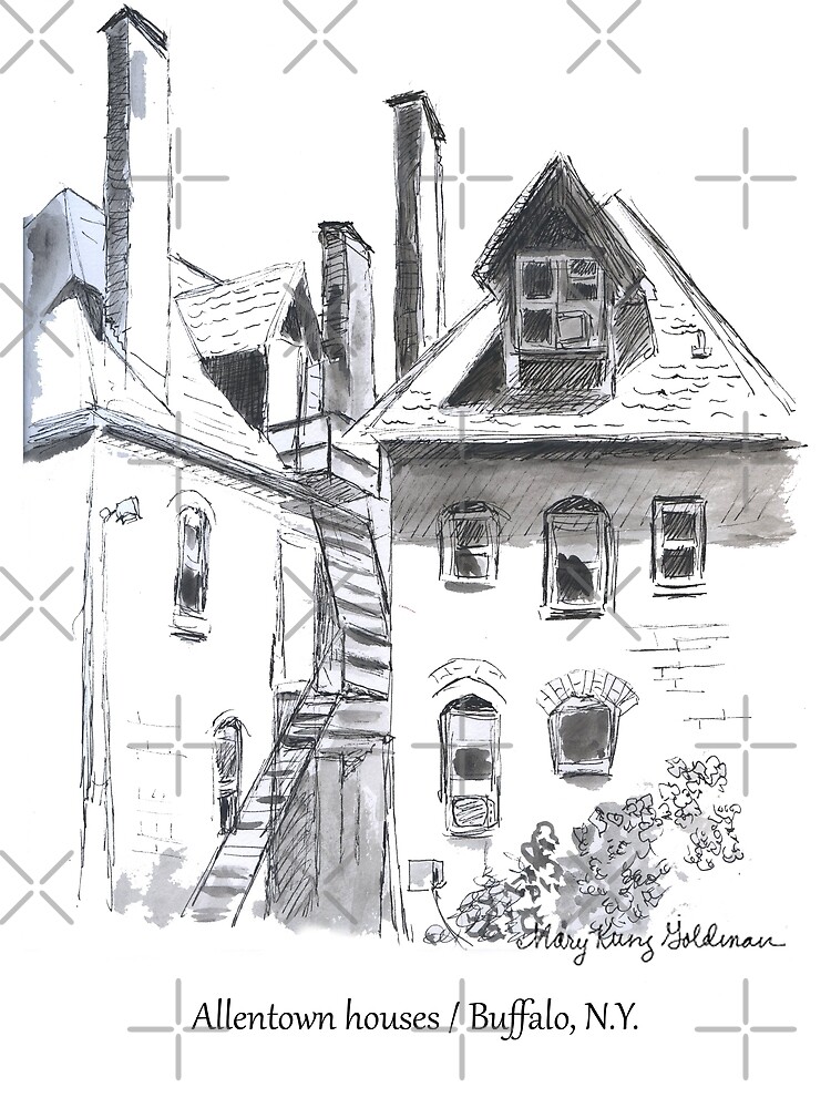 Discover Old Victorian Houses in Allentown, Original Ink Sketch by Mary Kunz Goldman of Buffalo NY Alley Premium Matte Vertical Poster