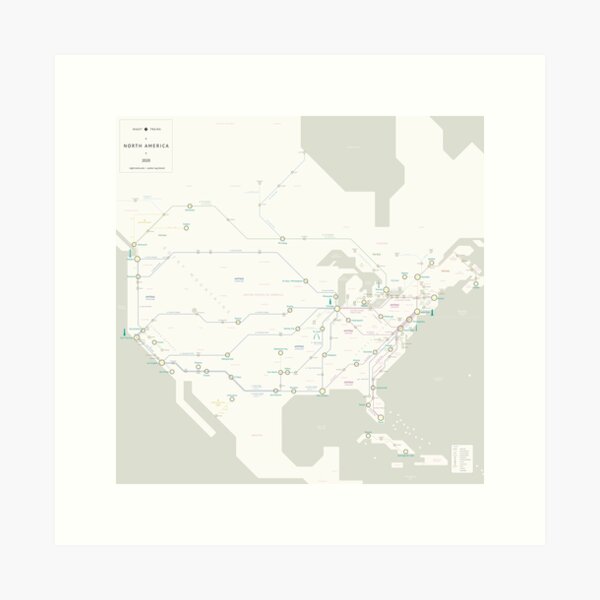 Night Trains North America Map Art Print