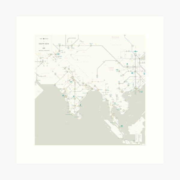 Night Trains South Asia Map Art Print