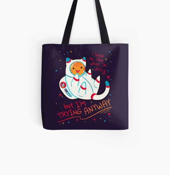 "I'M TRYING ANYWAY" Catstronaut All Over Print Tote Bag