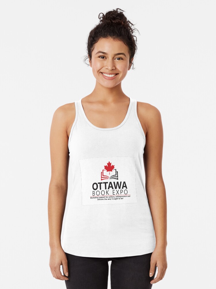 Thumbnail 1 of 3, Racerback Tank Top, Ottawa Book Expo 2020 logo designed and sold by agoramedia.