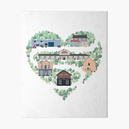 I Love the Town of Schitt's Creek, where everyone fits in. From the Rosebud Motel to Rose Apothecary, a drawing of the Schitt's Creek Buildings Art Board Print