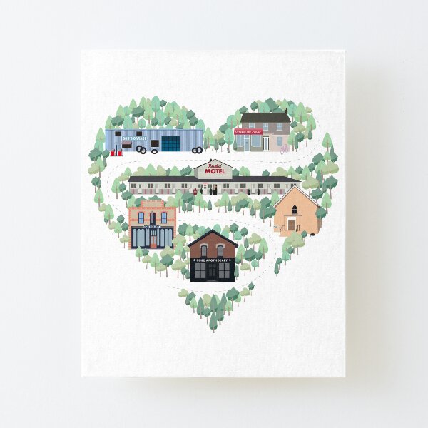 Me encanta la ciudad de Schitt's Creek, donde todos encajan. Desde el Rosebud Motel hasta Rose Apothecary, un dibujo de los edificios de Schitt's Creek Lámina montada de lienzo