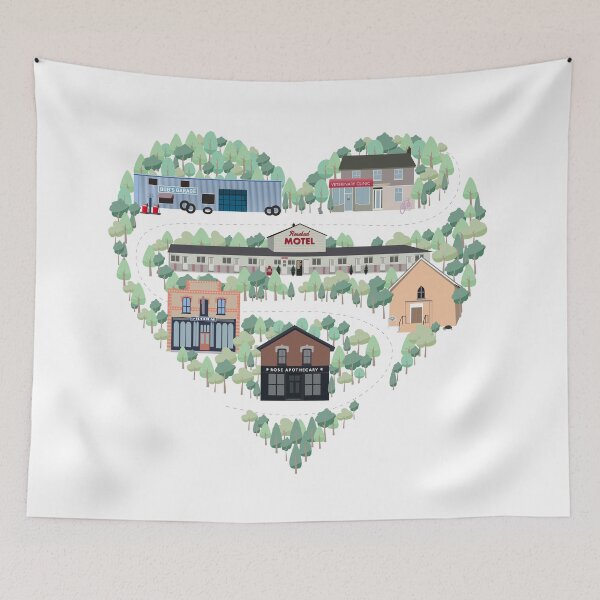 Item preview, I Love the Town of Schitt's Creek, where everyone fits in. From the Rosebud Motel to Rose Apothecary, a drawing of the Schitt's Creek Buildings designed and sold by The-Goods.