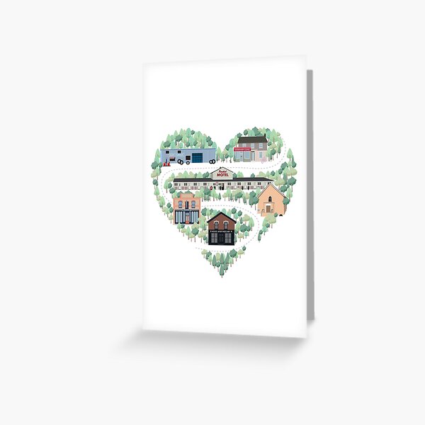 I Love the Town of Schitt's Creek, where everyone fits in. From the Rosebud Motel to Rose Apothecary, a drawing of the Schitt's Creek Buildings Greeting Card