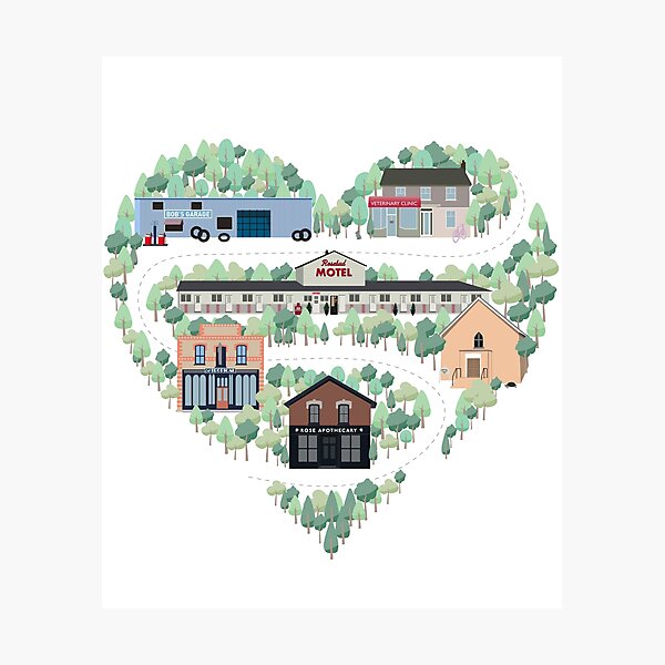 I Love the Town of Schitt's Creek, where everyone fits in. From the Rosebud Motel to Rose Apothecary, a drawing of the Schitt's Creek Buildings Photographic Print