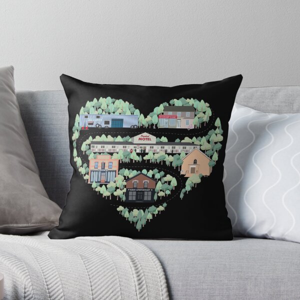 I Love the Town of Schitt's Creek, where everyone fits in. From the Rosebud Motel to Rose Apothecary, a drawing of the Schitt's Creek Buildings Throw Pillow