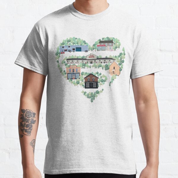 I Love the Town of Schitt's Creek, where everyone fits in. From the Rosebud Motel to Rose Apothecary, a drawing of the Schitt's Creek Buildings Classic T-Shirt