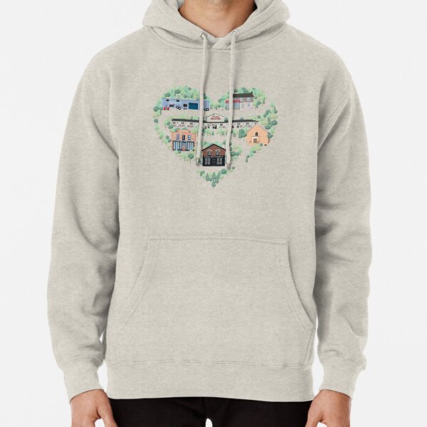 I Love the Town of Schitt's Creek, where everyone fits in. From the Rosebud Motel to Rose Apothecary, a drawing of the Schitt's Creek Buildings Pullover Hoodie
