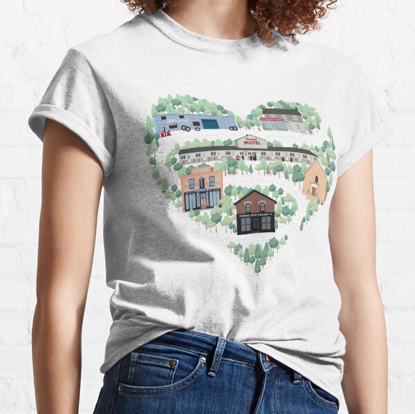I Love the Town of Schitt's Creek, where everyone fits in. From the Rosebud Motel to Rose Apothecary, a drawing of the Schitt's Creek Buildings Classic T-Shirt