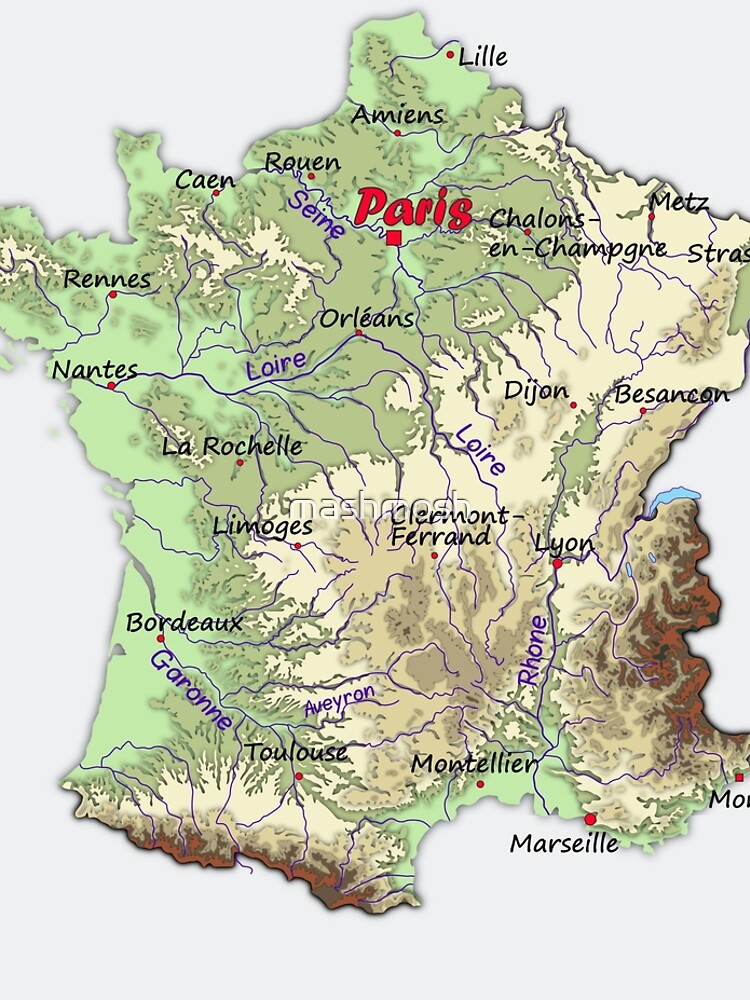 France Detailed Physical Map Topographic Map Of France With Capitals And Major Lakes And Rivers