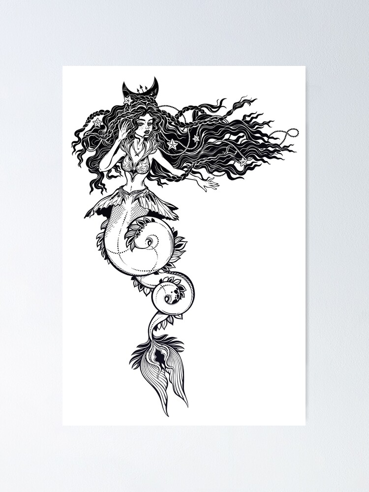 Beautiful mermaid girl with long and curvy fish tail and vintage