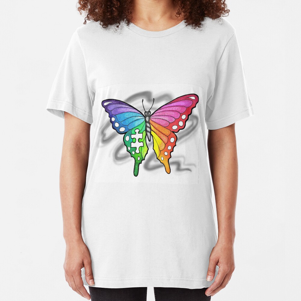 Rainbow Puzzle Butterfly ~ Autism Awareness Design Slim Fit T-Shirt