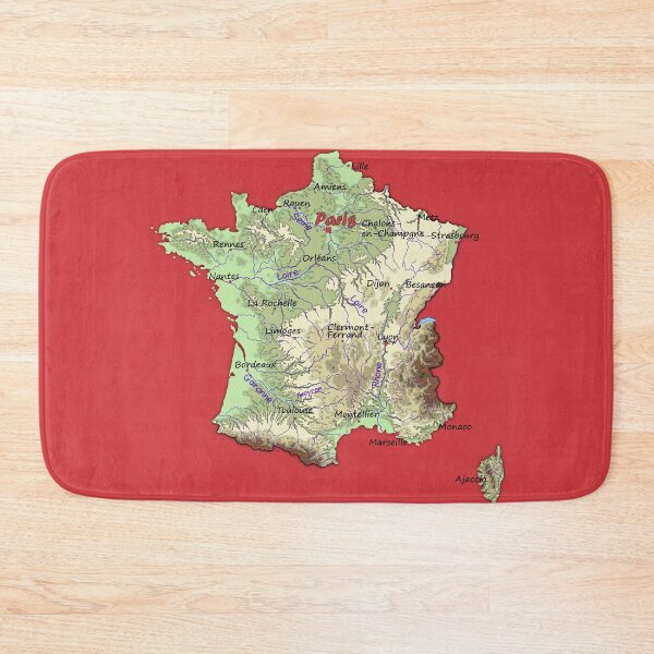 Item preview, relief map of France topographic map of FRANCE with Capitals and Major Rivers Flame Scarlet background designed and sold by mashmosh.
