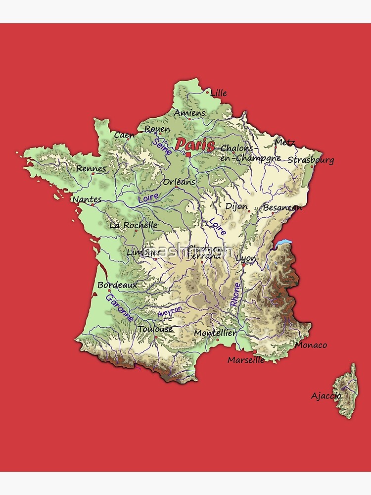 "relief map of France topographic map of FRANCE with Capitals and Major Rivers Flame Scarlet