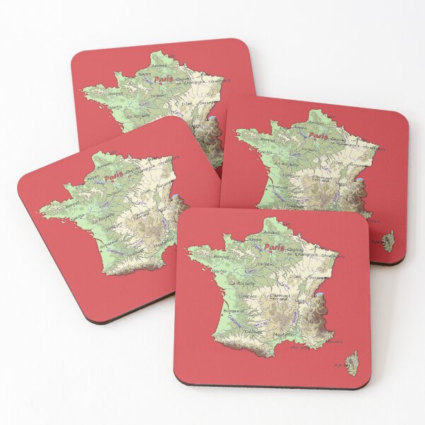 Item preview, relief map of France topographic map of FRANCE with Capitals and Major Rivers Flame Scarlet background designed and sold by mashmosh.