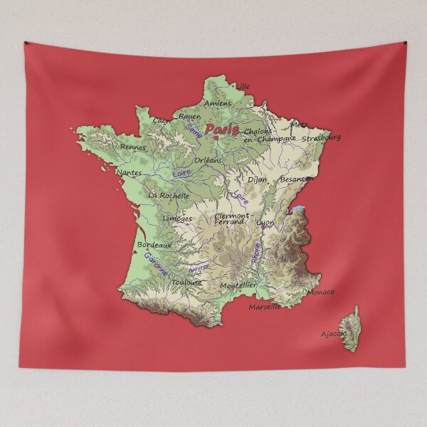 Item preview, relief map of France topographic map of FRANCE with Capitals and Major Rivers Flame Scarlet background designed and sold by mashmosh.