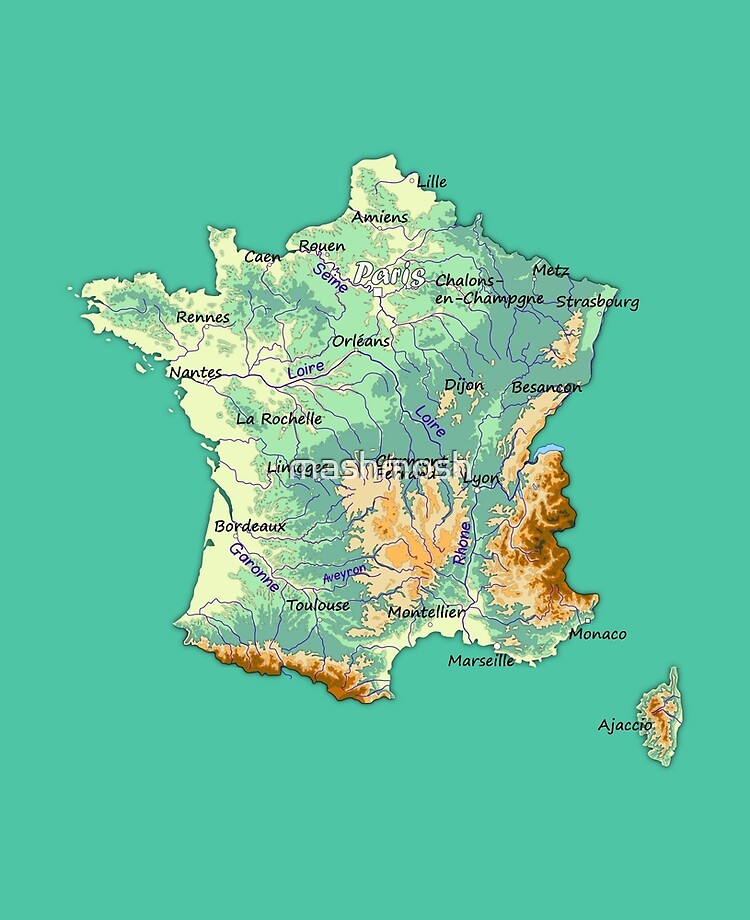 FRANCE detailed physical map topographic map of FRANCE with Capitals and  Major Lakes and Rivers | Poster