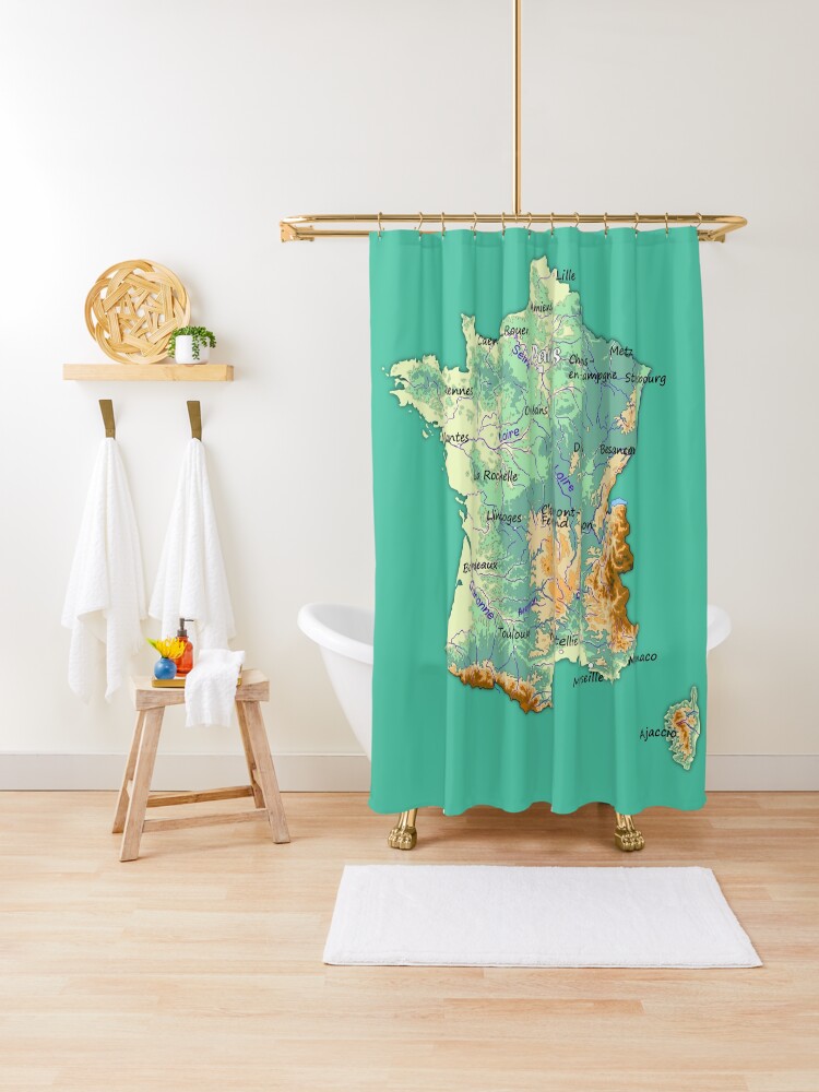 Topographic Map Of France With Major Cities And Rivers Biscay Green Background Physical Relief Map Of France Shower Curtain By Mashmosh Redbubble