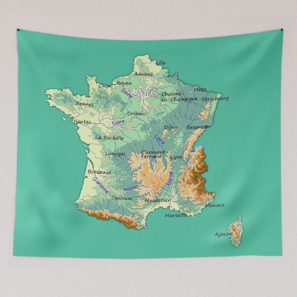 Item preview, topographic map of FRANCE with Major cities and Rivers Biscay Green background physical relief map of France designed and sold by mashmosh.