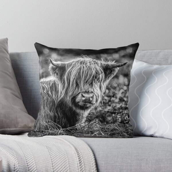 Highland Cow Black and White Throw Pillow