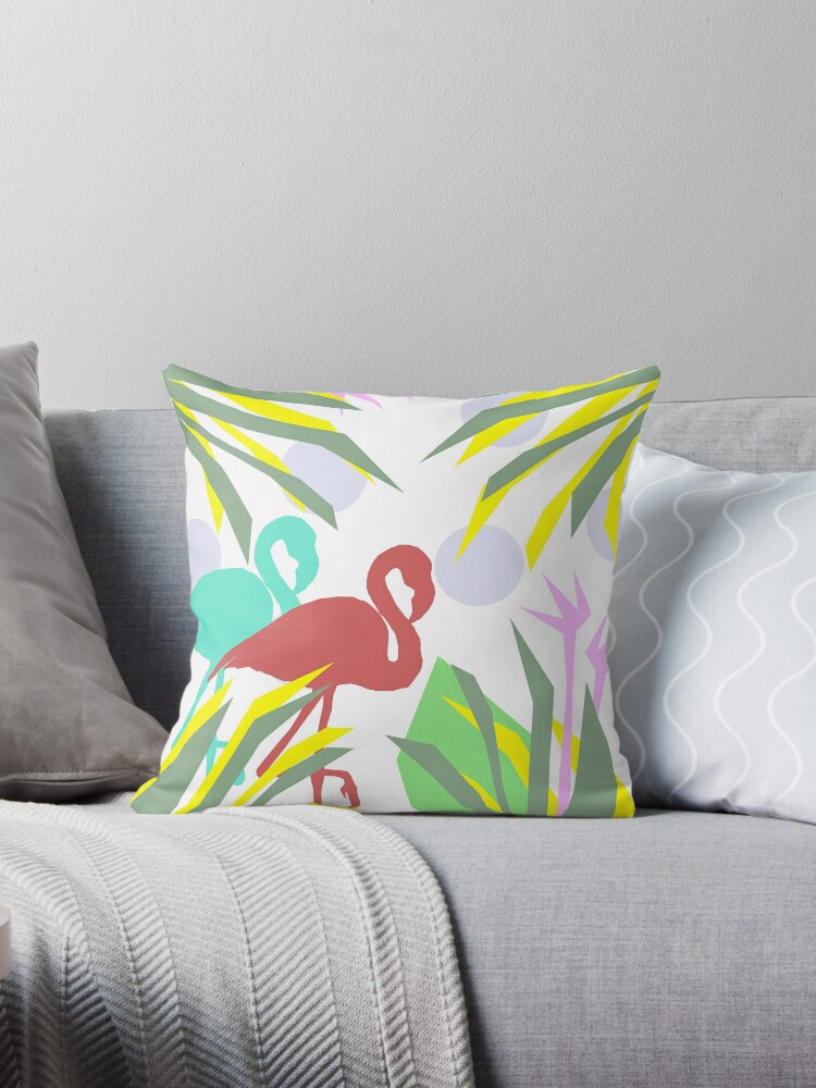 Flamingo jungle green Throw Pillow by ARTbyJWP CREDIT: REDBUBBLE