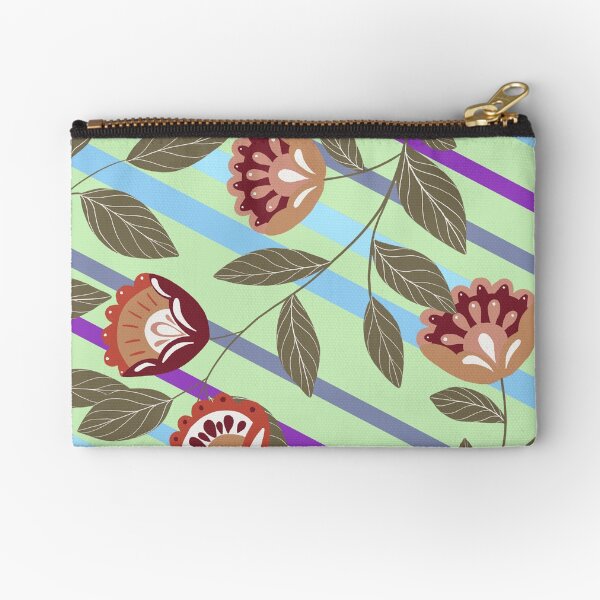 Green Striped Floral Design Zipper Pouch