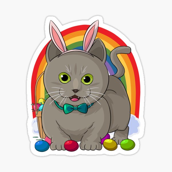 Russian Blue Cat Bunny Happy Easter Day Sticker