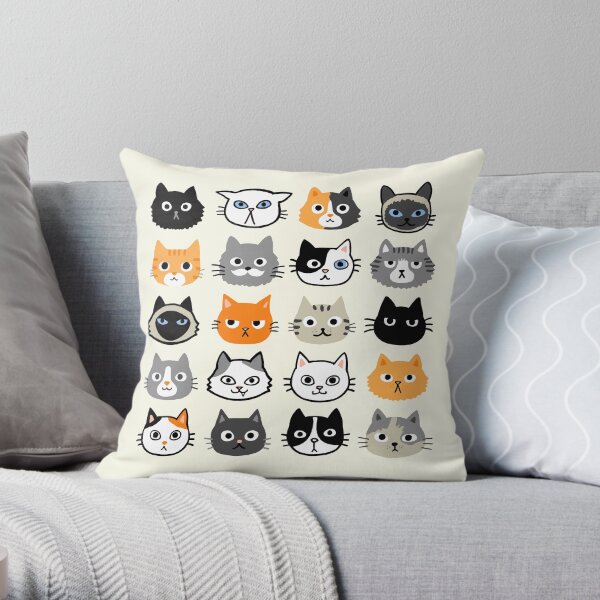 Assorted Cat Faces | Cute Quirky Kitty Cat Drawings Throw Pillow